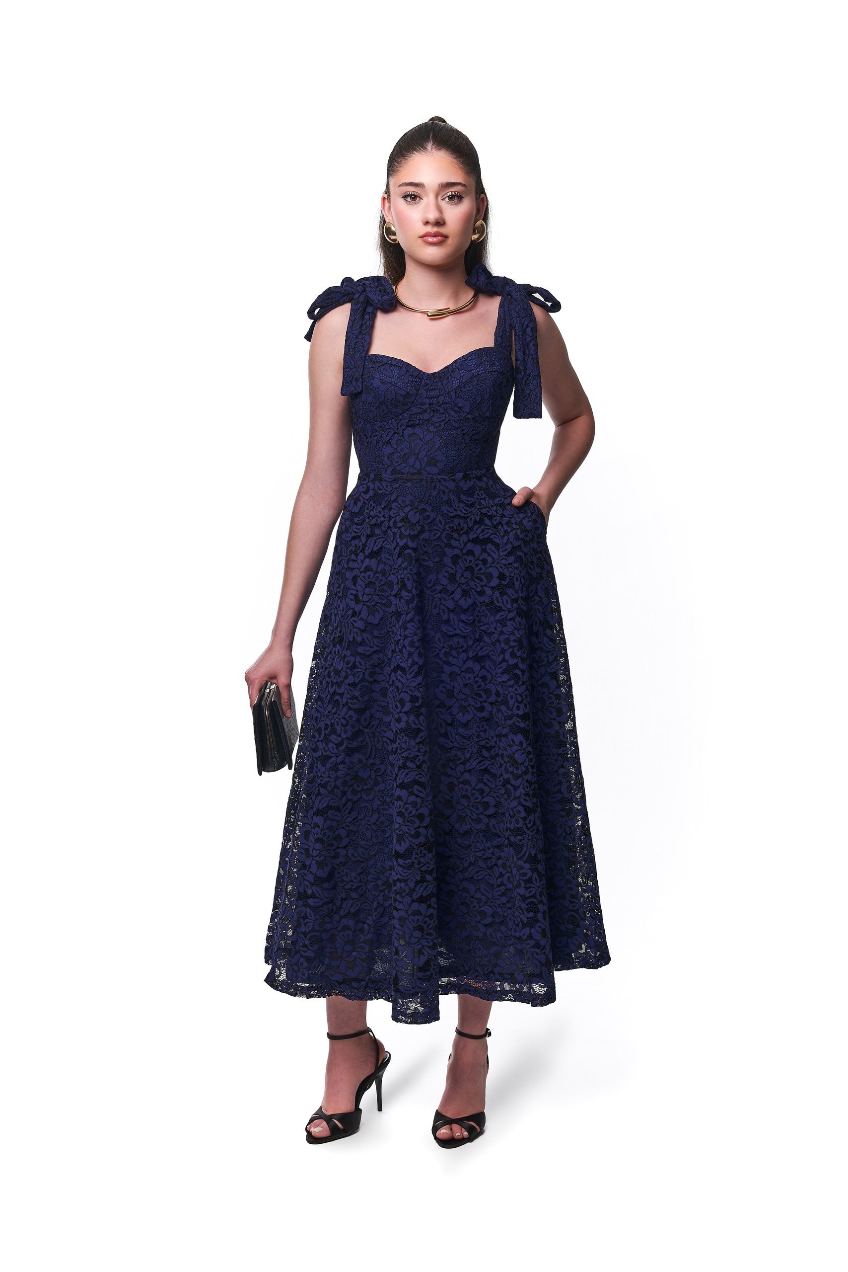Ashley Lace tie Midi Dress In Blue