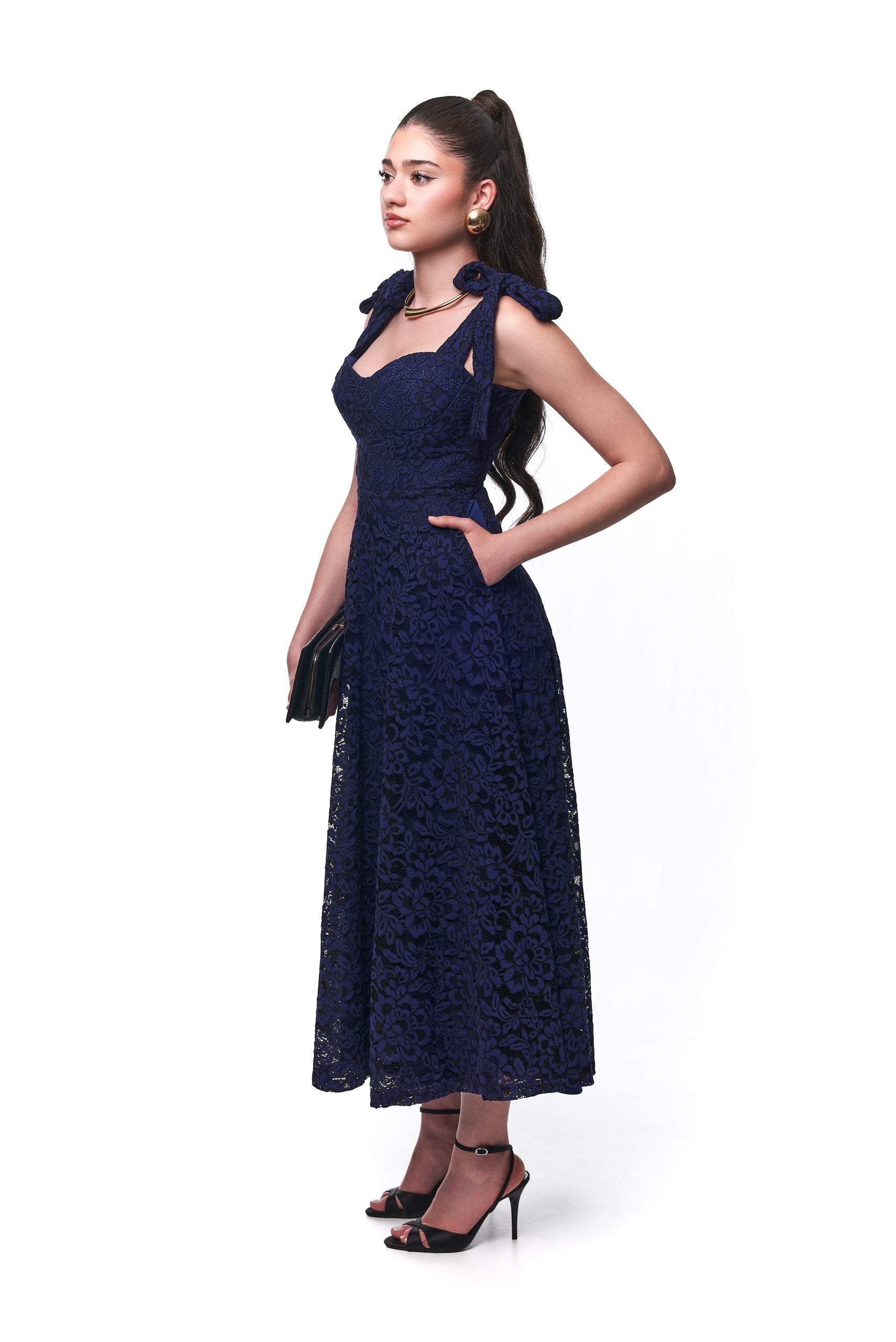 Ashley Lace tie Midi Dress In Blue