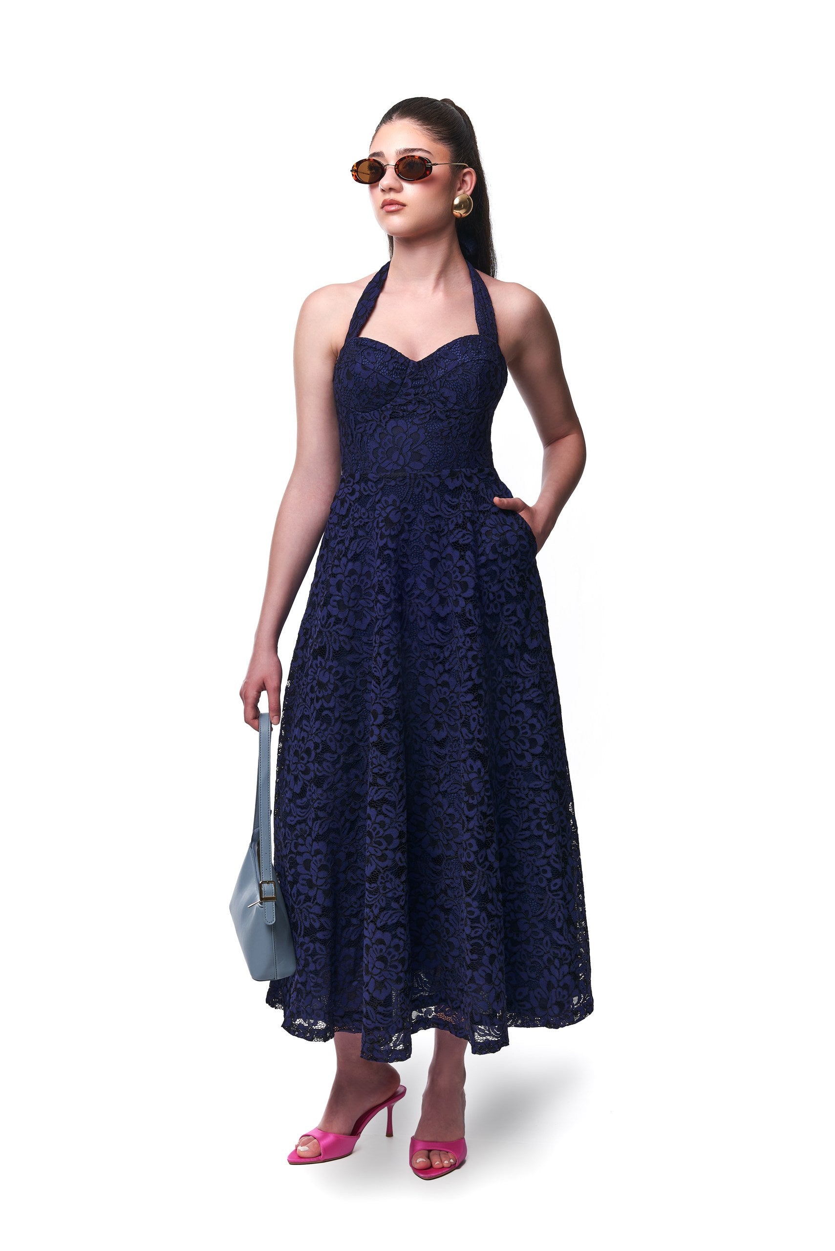 Ashley Lace tie Midi Dress In Blue