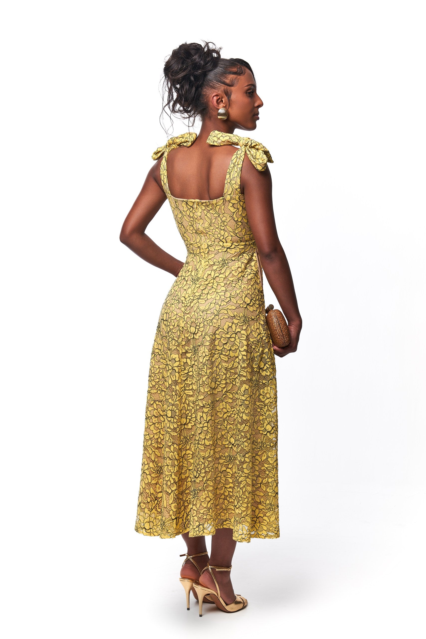 Ashley Lace Tie Midi Dress In Yellow