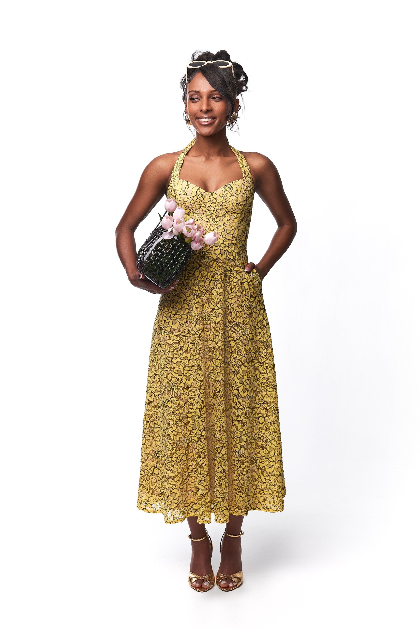 Ashley Lace Tie Midi Dress In Yellow
