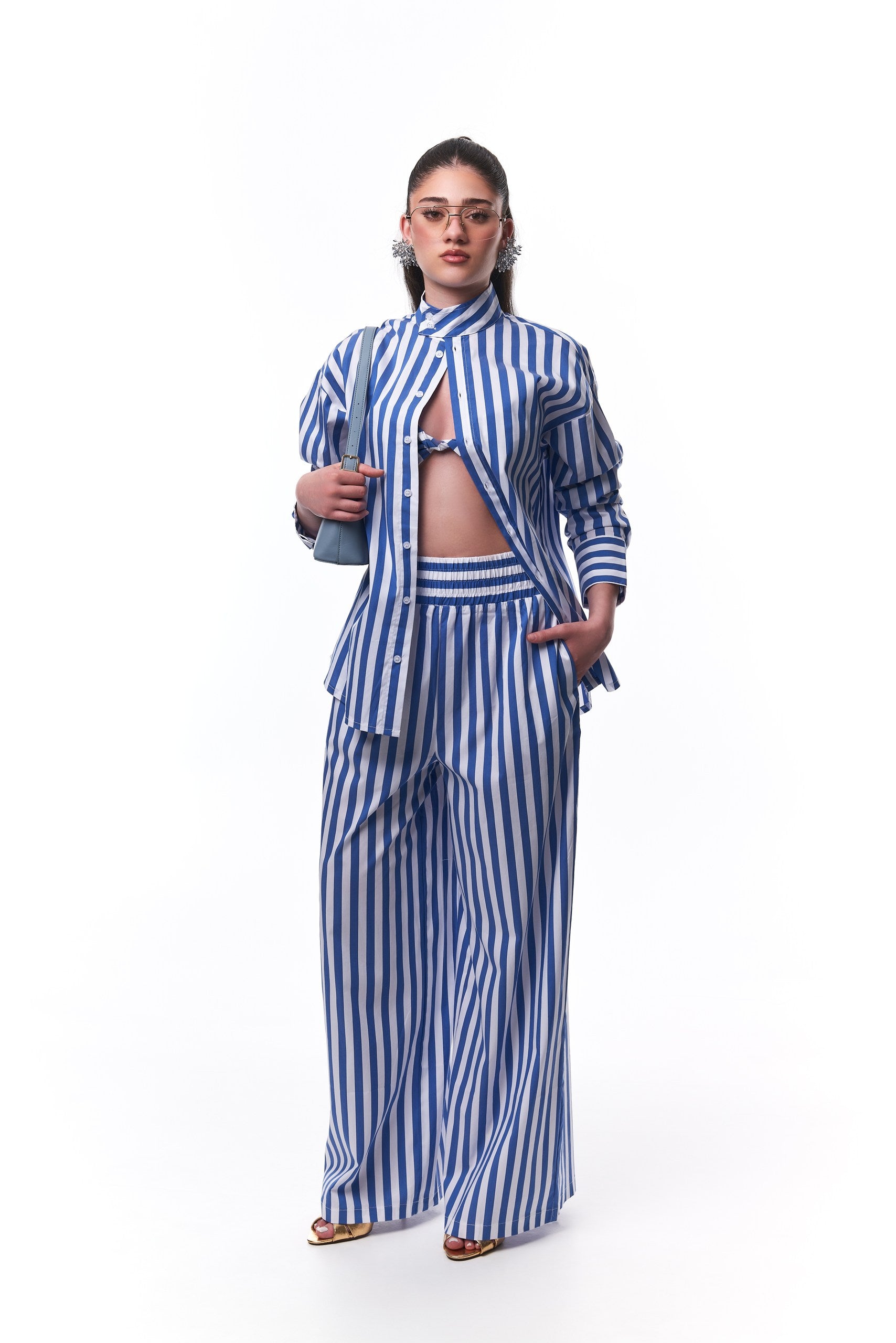 Alexa Striped Cotton Poplin 3-piece pants Co-ord In Blue (SHIRT, BRALETTE & PANTS)