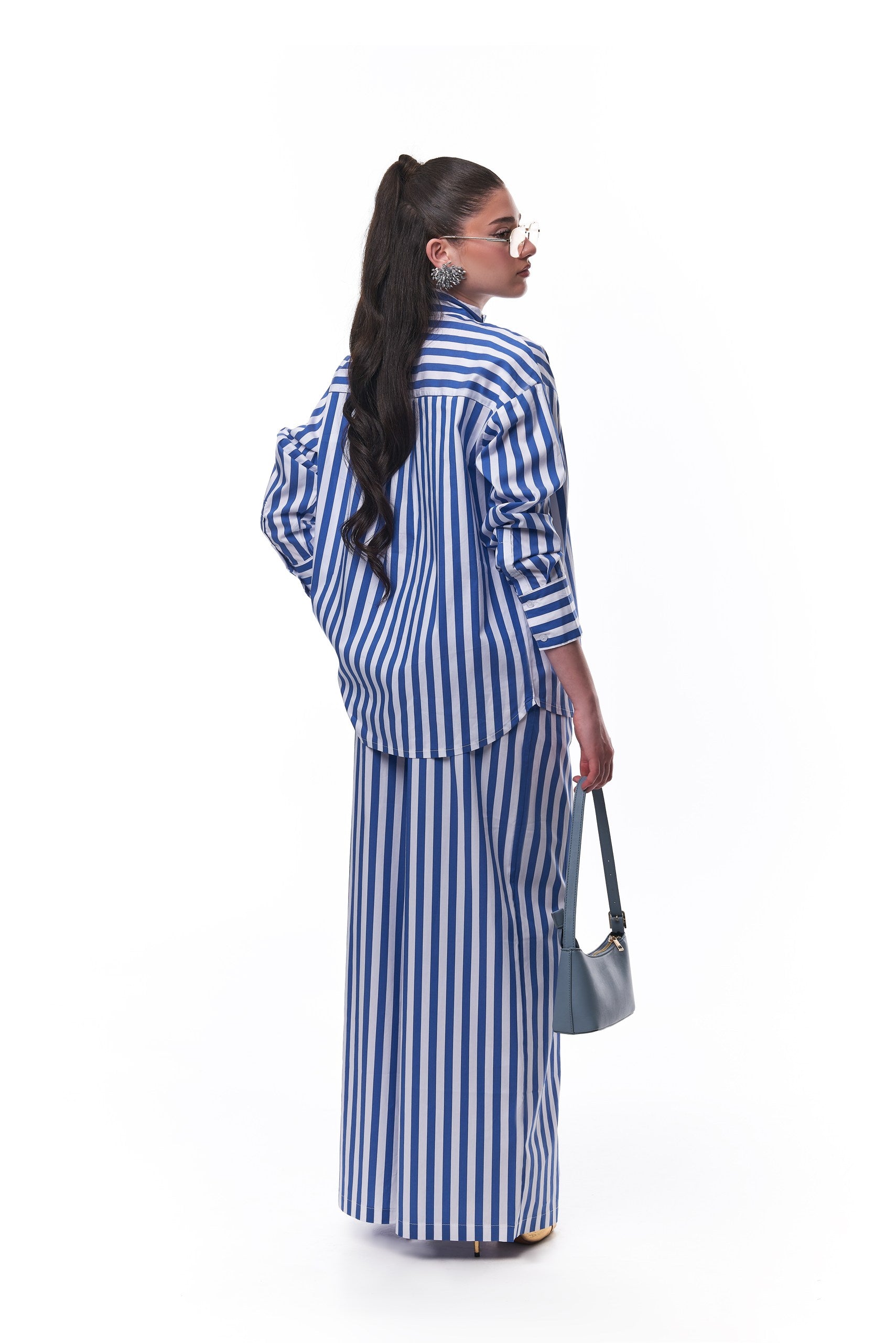Alexa Striped Cotton Poplin 3-piece pants Co-ord In Blue (SHIRT, BRALETTE & PANTS)