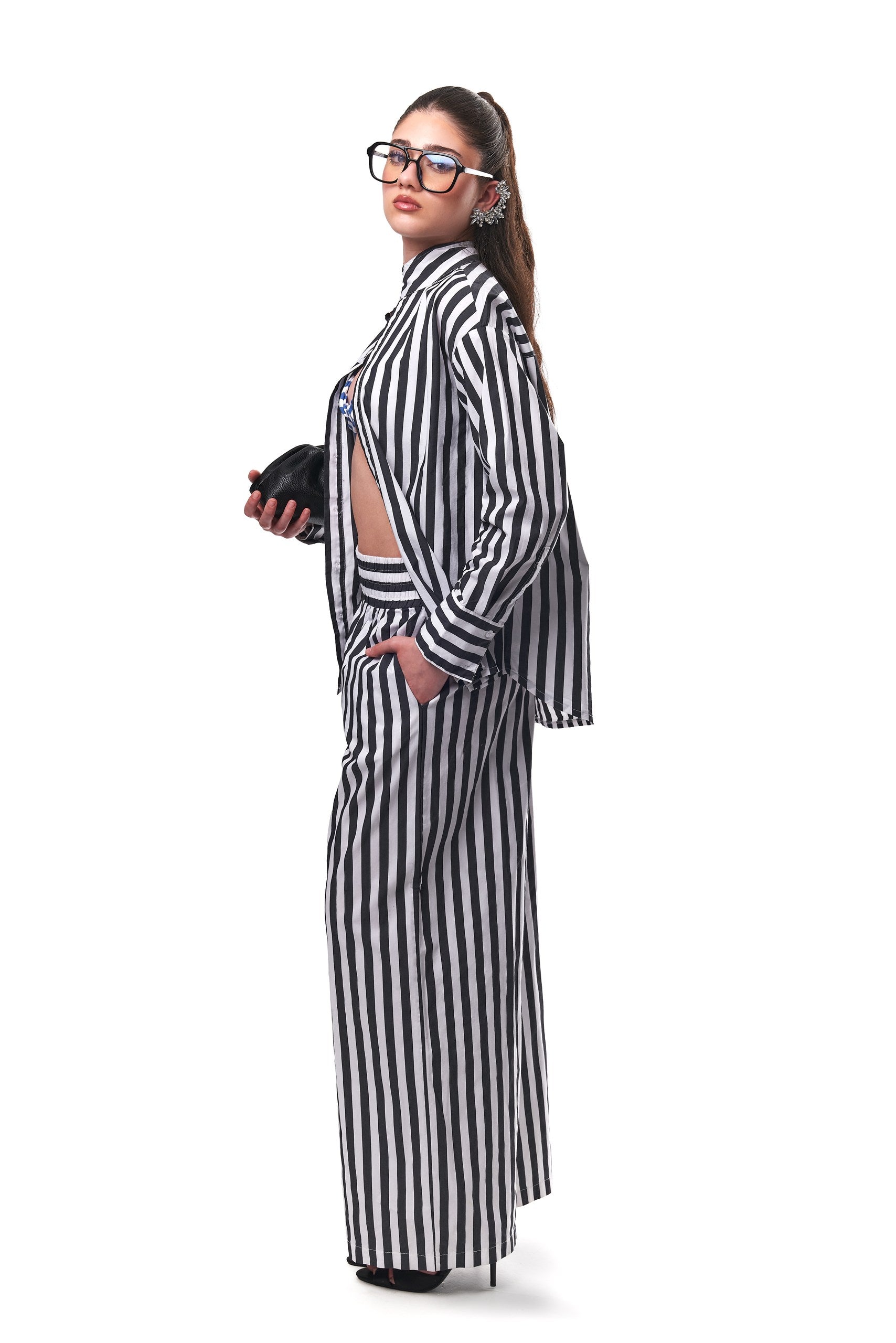 Alexa Striped Cotton Poplin 3-piece pants Co-ord In Black (SHIRT, BRALETTE & PANTS)