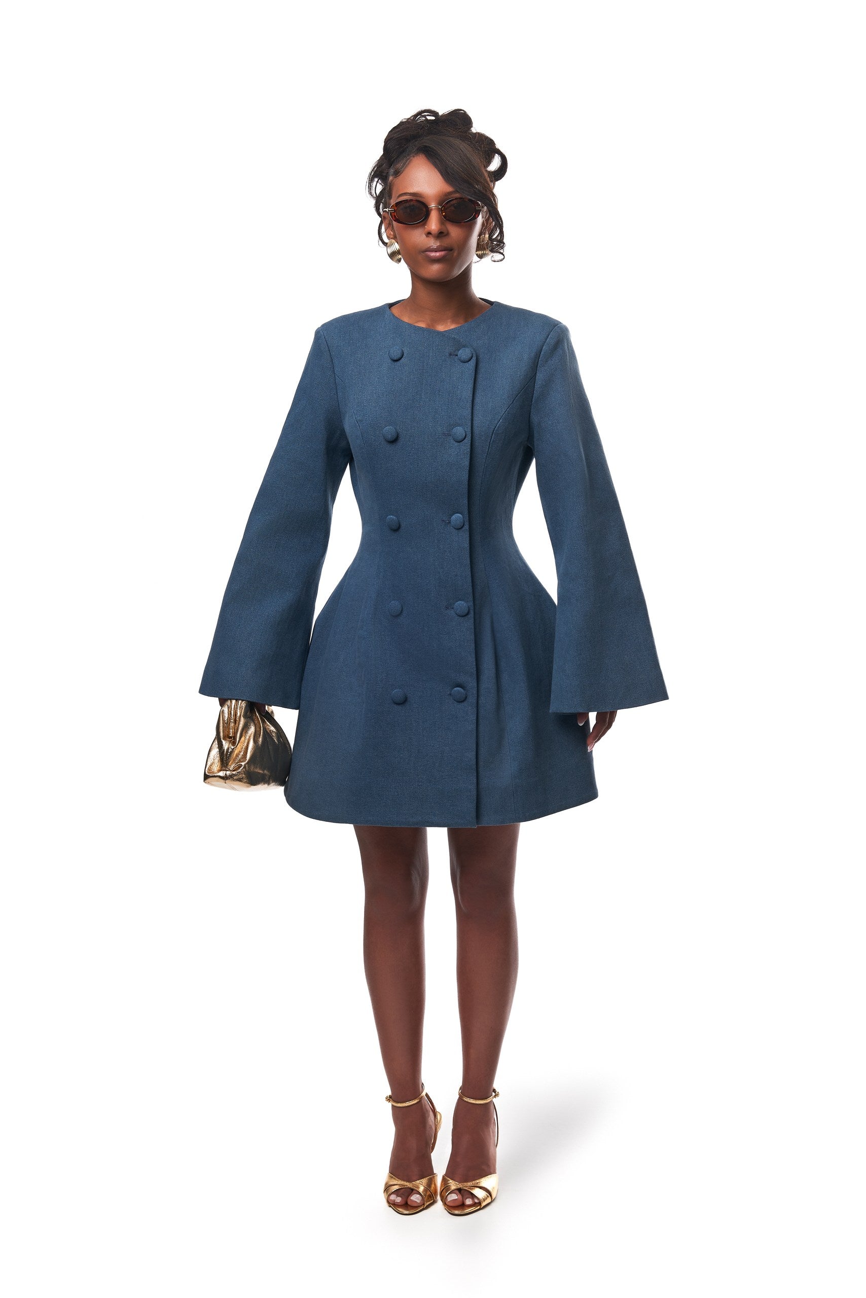 Toni Mini Denim Flared Sleeve Dress In Blue
