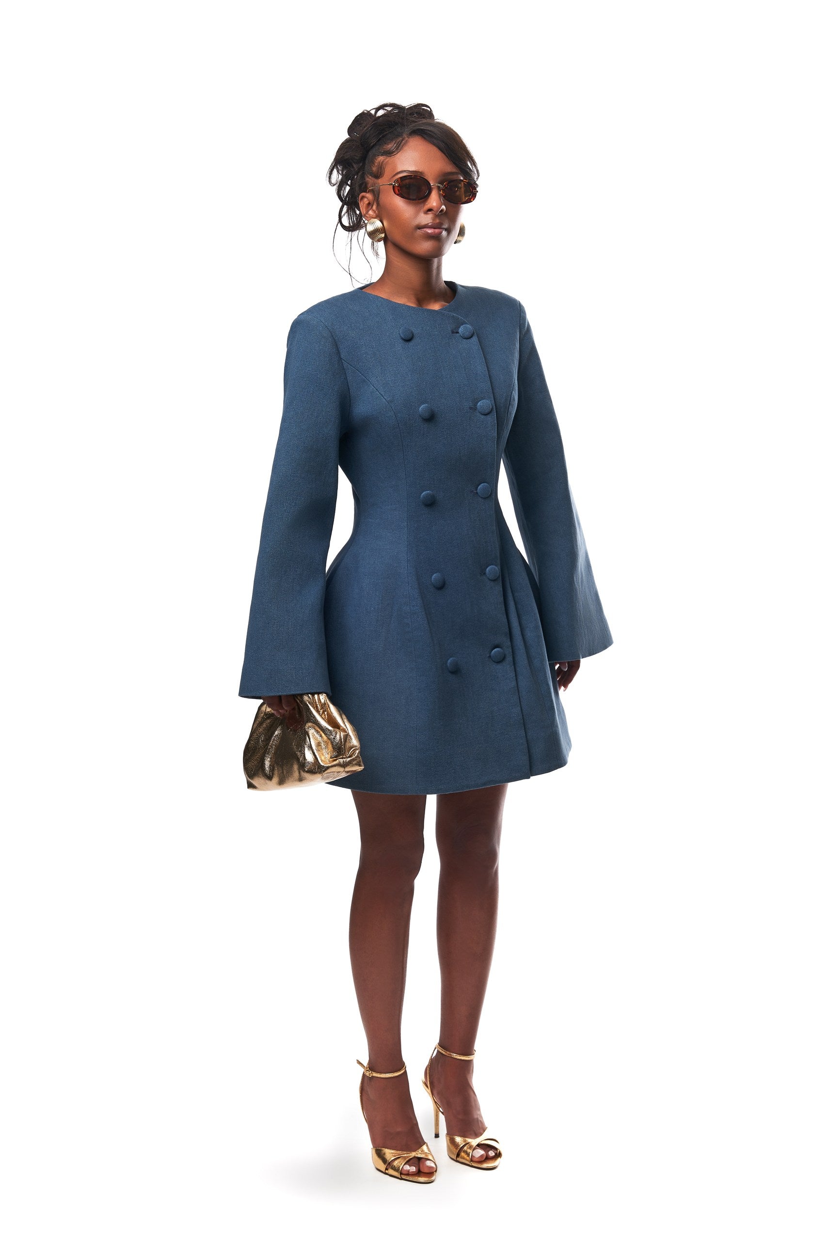 Toni Mini Denim Flared Sleeve Dress In Blue