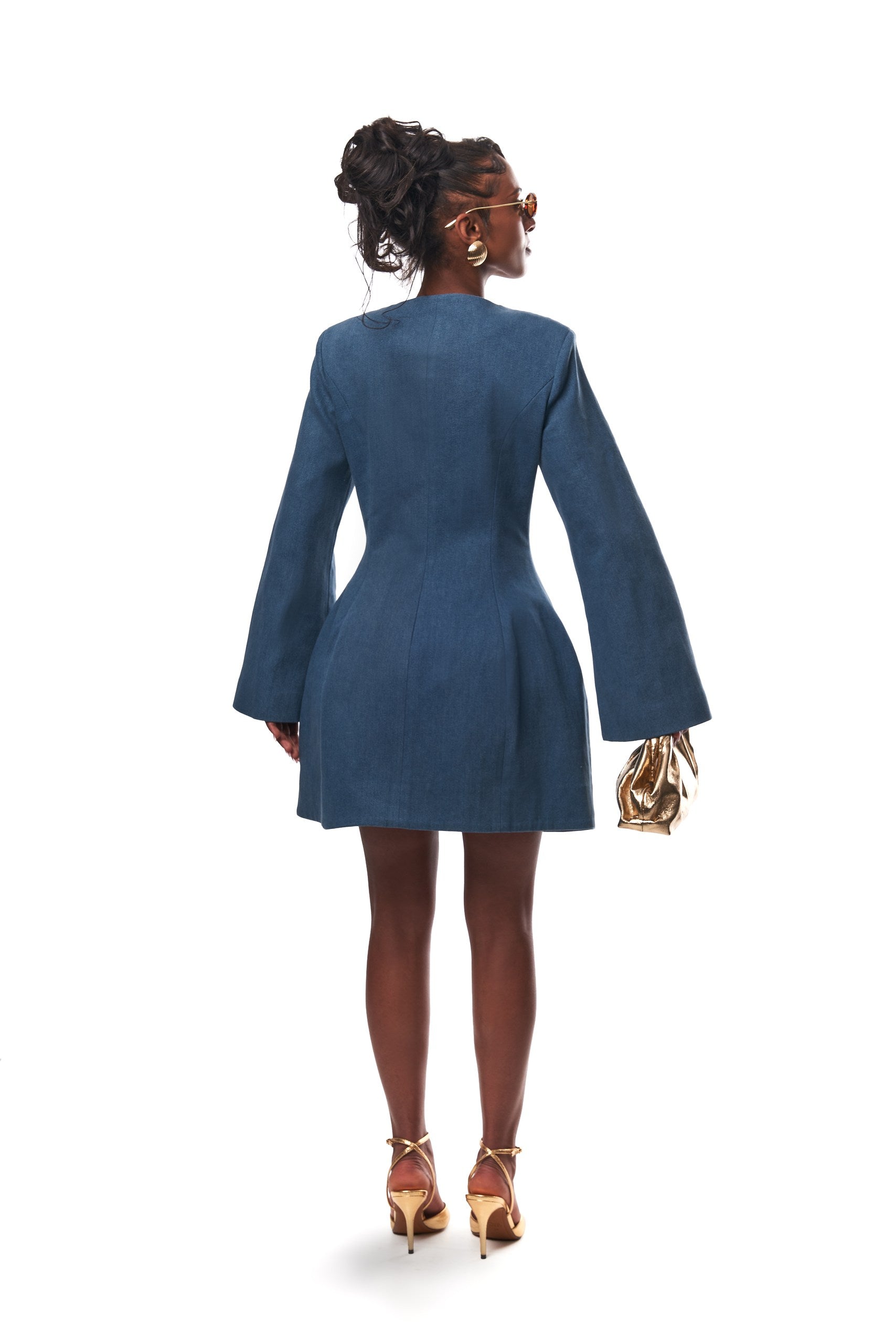 Toni Mini Denim Flared Sleeve Dress In Blue