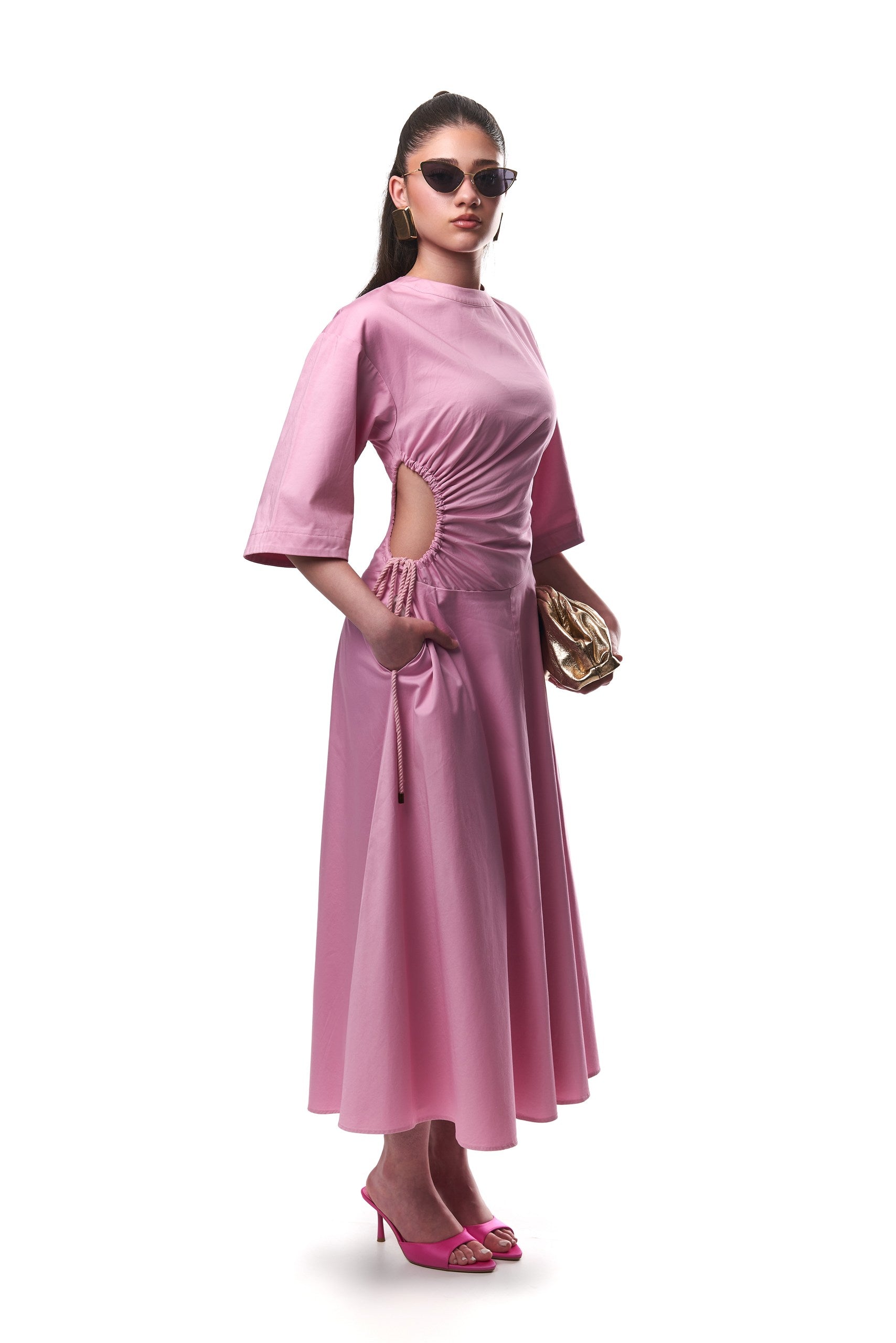 Amanda Cut Out Cotton Midi Dress In Pink