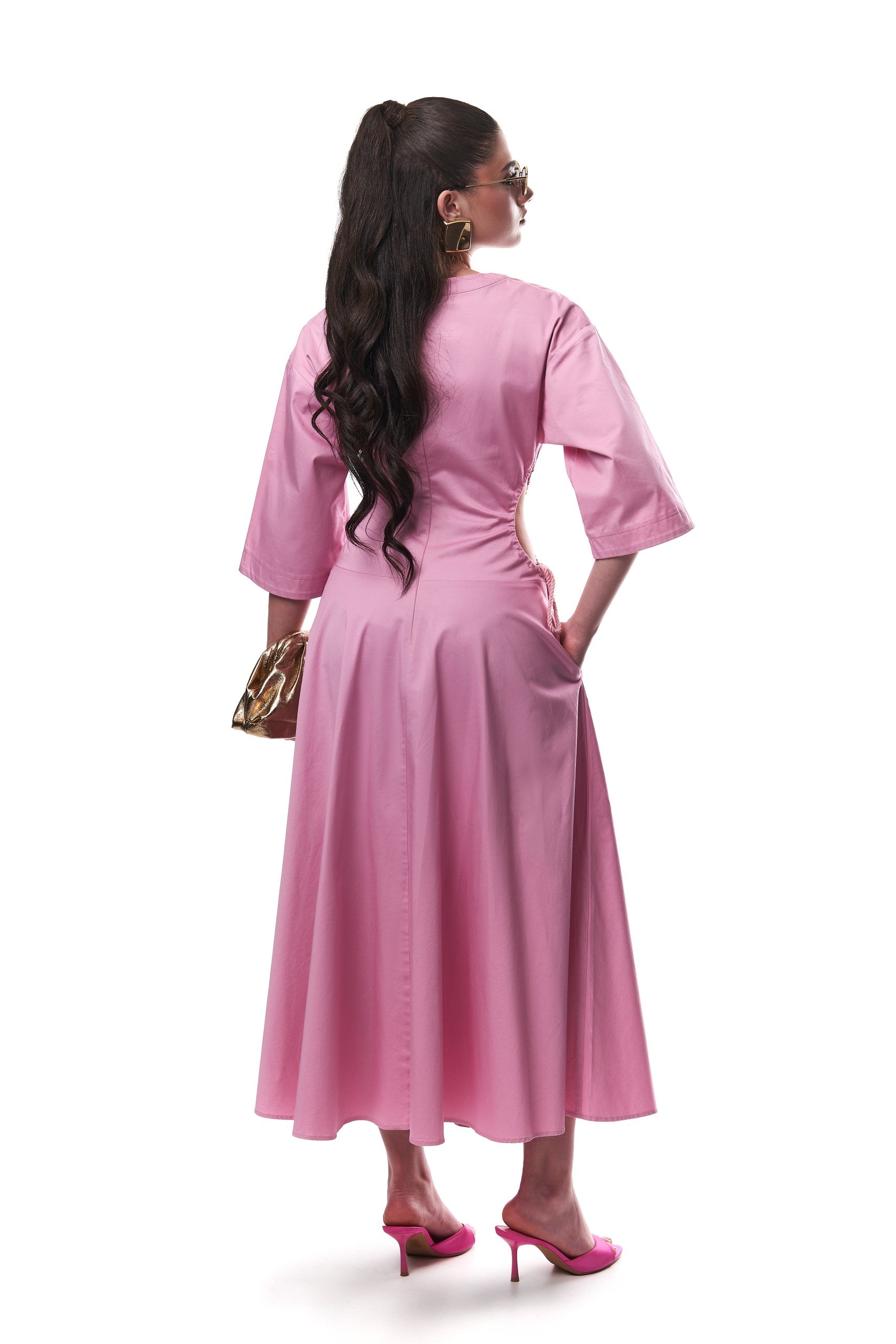 Amanda Cut Out Cotton Midi Dress In Pink