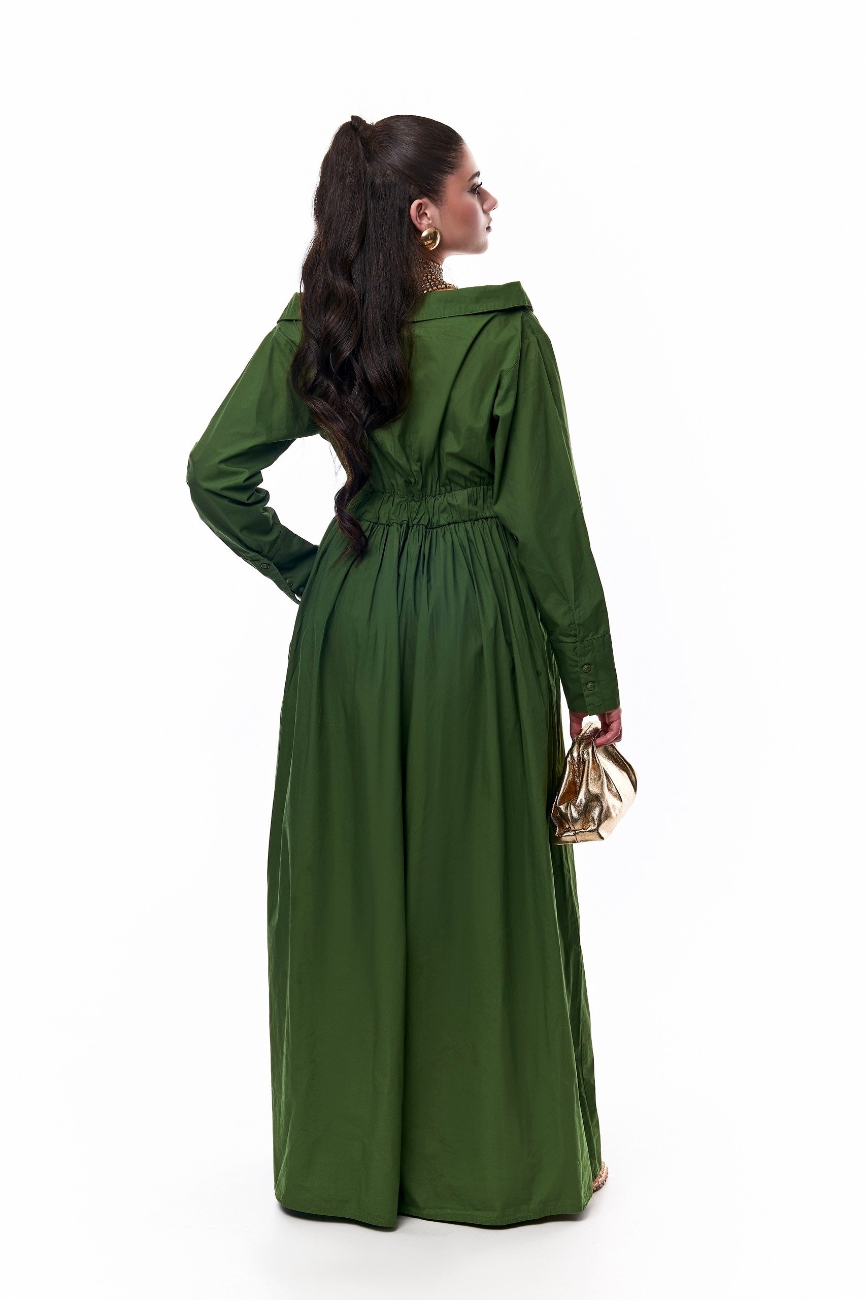 Ada Off Shoulder Cotton Maxi Length Shirt Dress- Green