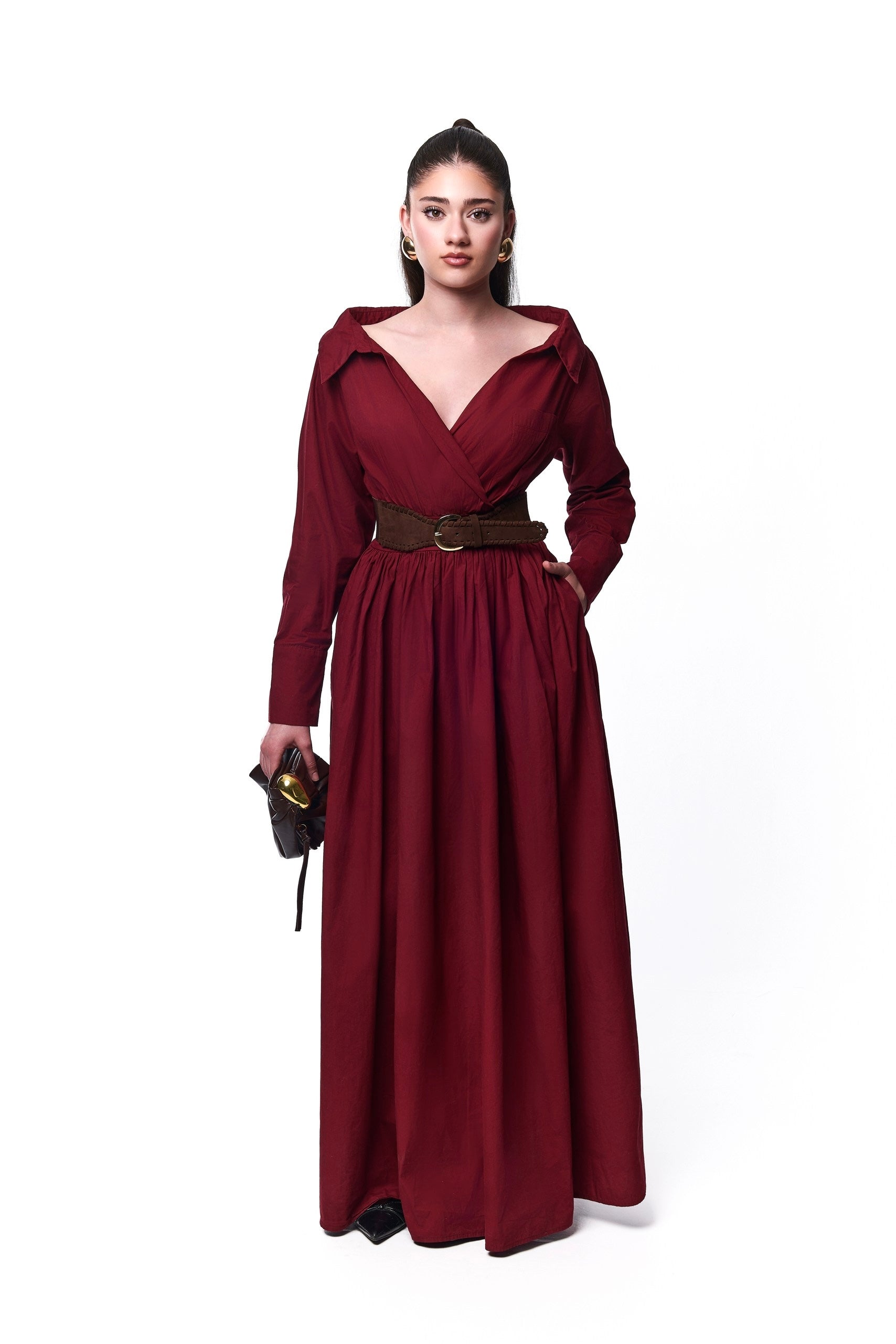 Ada Off Shoulder Cotton Maxi Length Shirt Dress In Burgundy