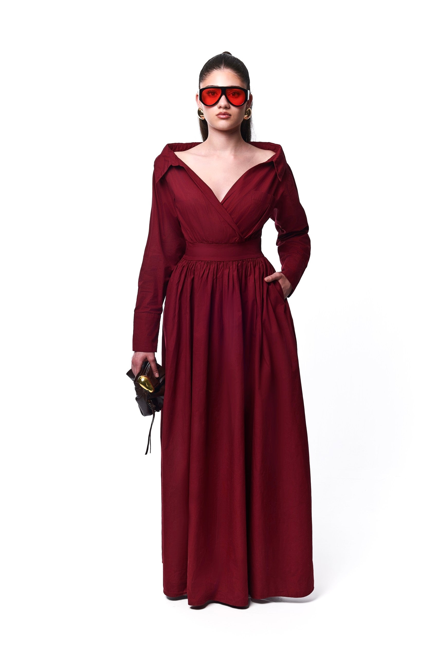 Ada Off Shoulder Cotton Maxi Length Shirt Dress In Burgundy