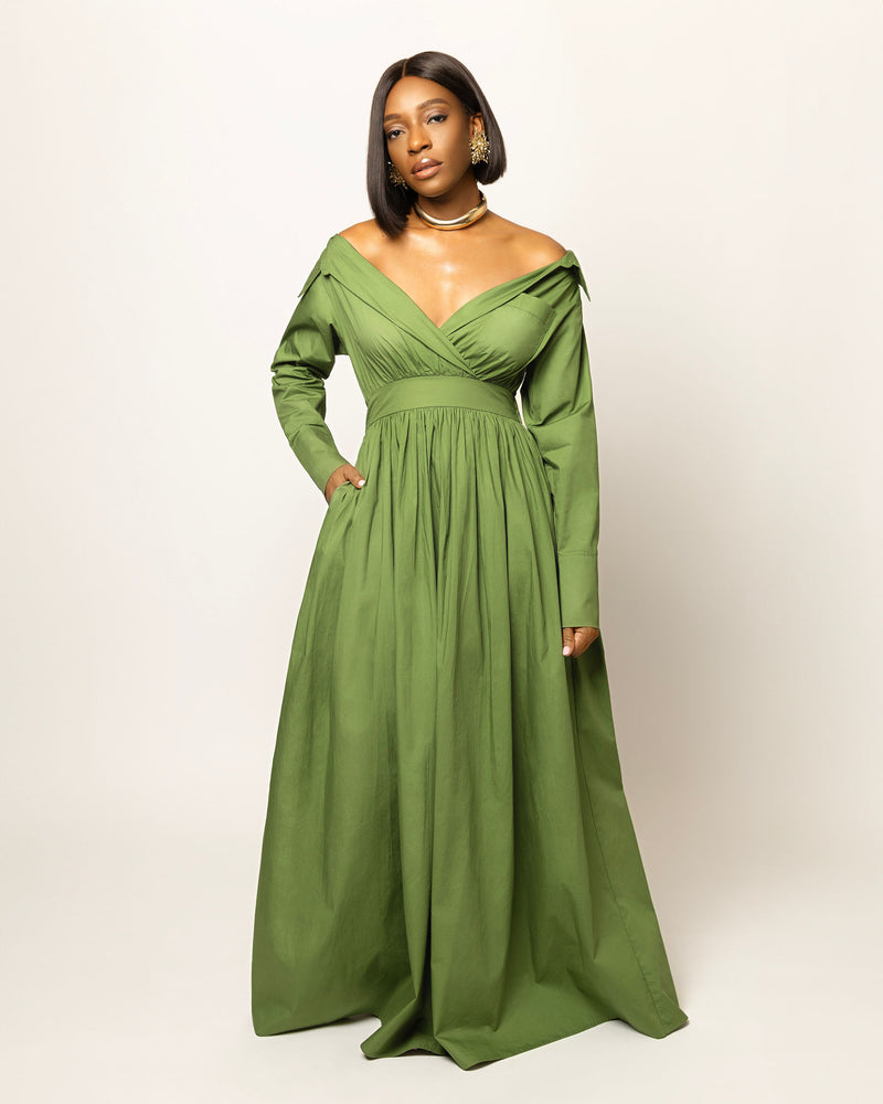 Ada Off Shoulder Shirt Dress- Green