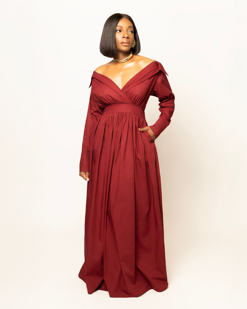 Ada Off Shoulder Shirt Dress- Burgundy