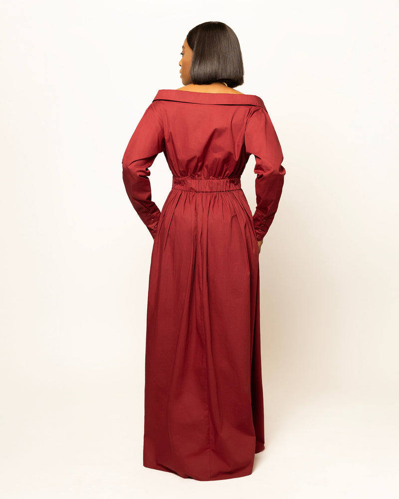 Ada Off Shoulder Shirt Dress- Burgundy