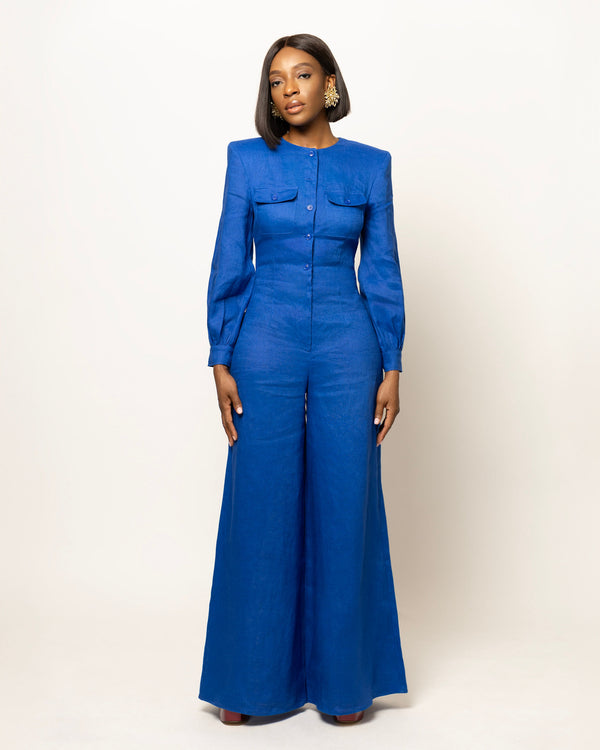 Sasha Wide Leg Jumpsuit With Shoulder Pads -Blue