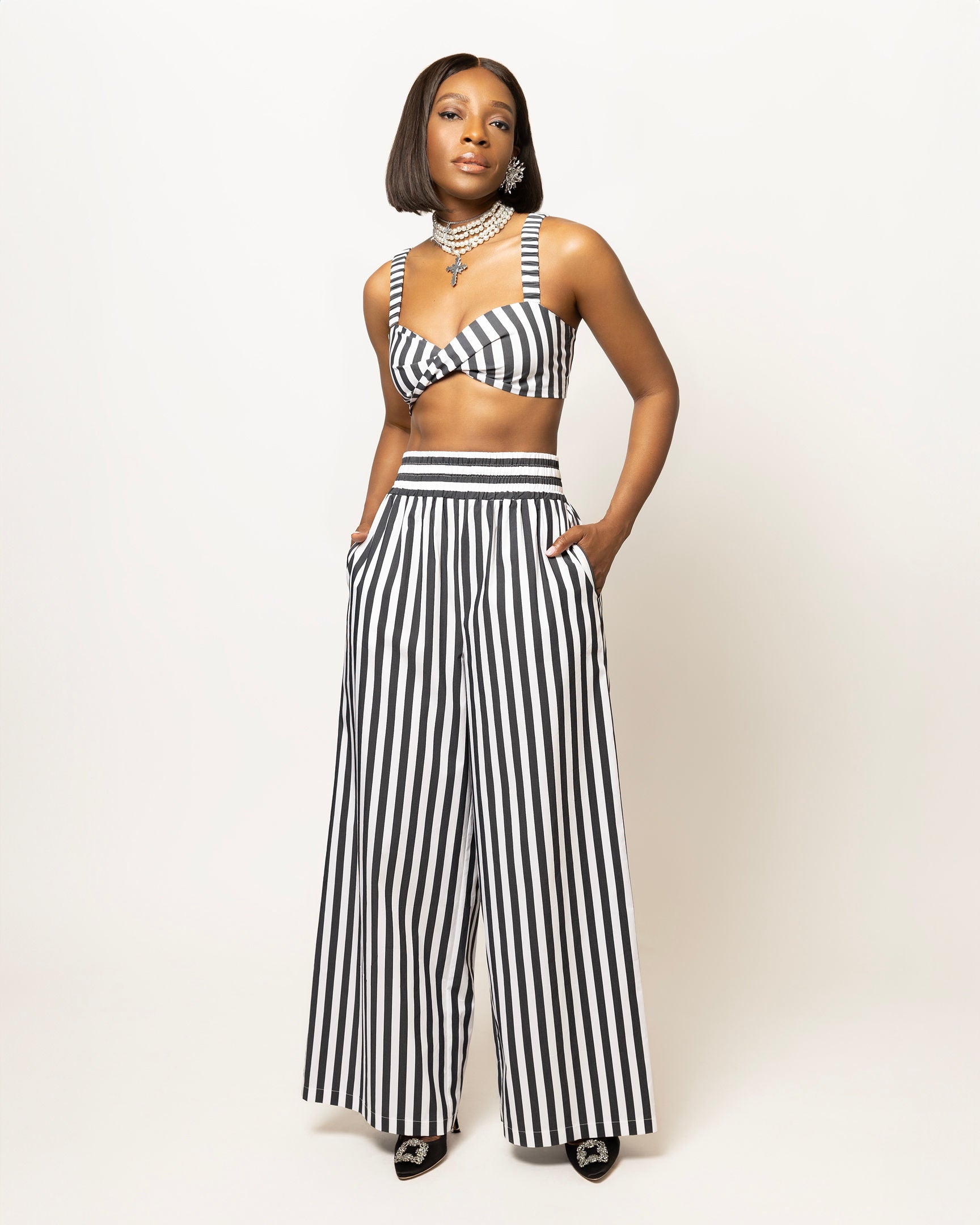 Alexa Striped Cotton Poplin 3-piece pants Co-ord In Black (SHIRT, BRALETTE & PANTS)
