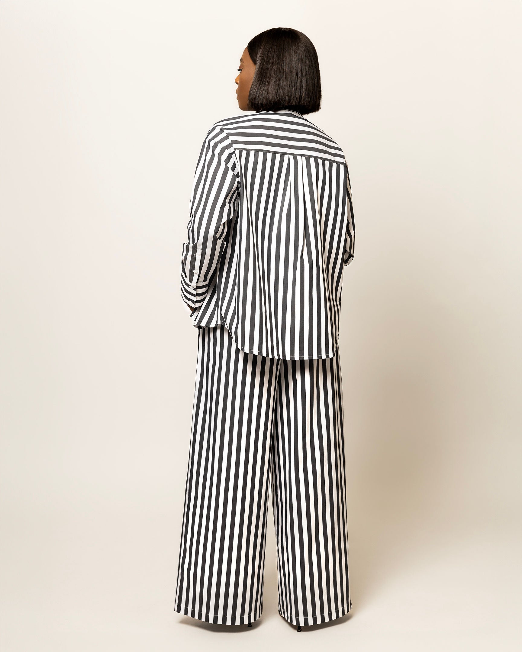 Alexa Striped Cotton Poplin 3-piece pants Co-ord In Black (SHIRT, BRALETTE & PANTS)