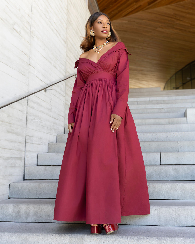 Ada Off Shoulder Shirt Dress- Burgundy