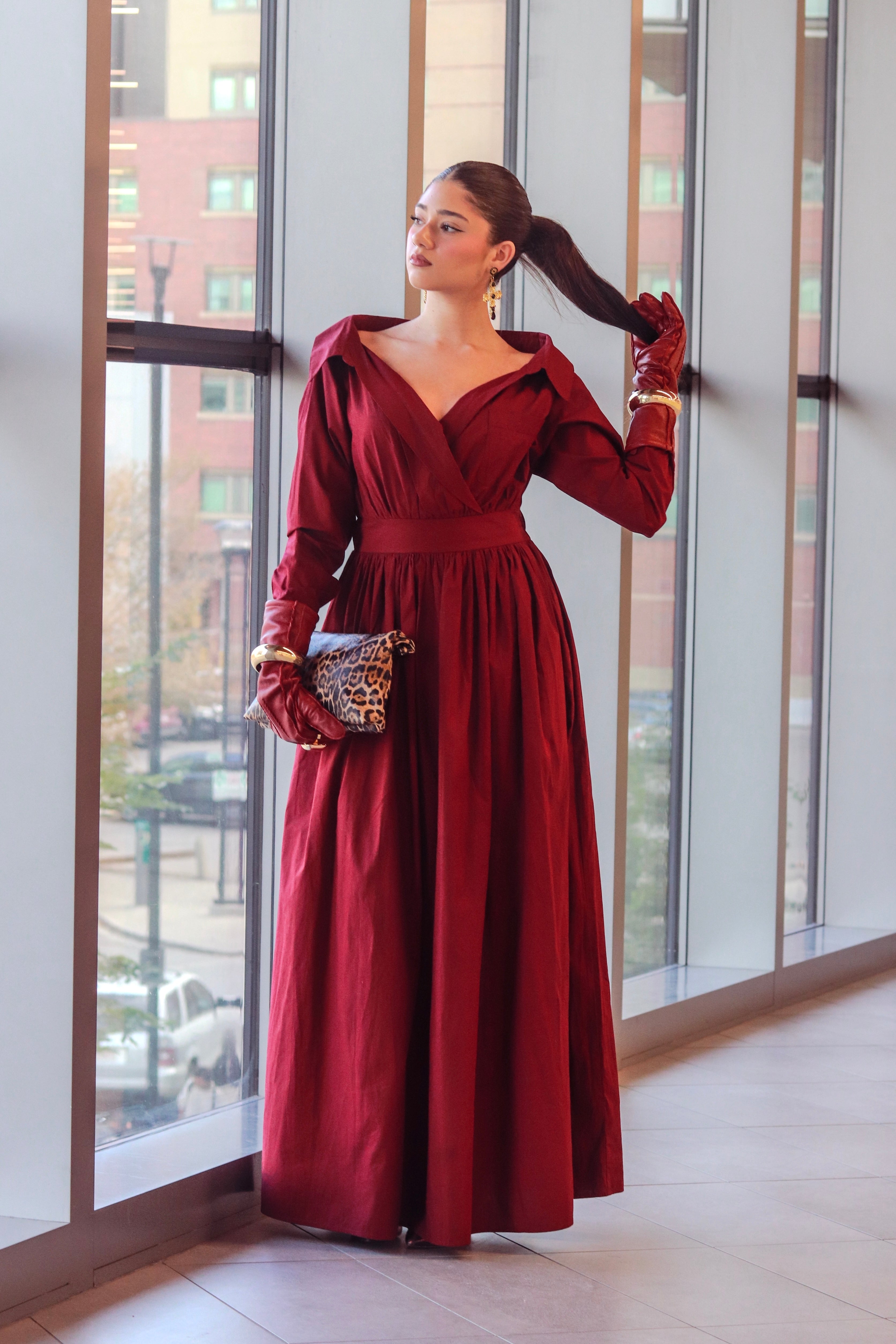 Ada Off Shoulder Cotton Maxi Length Shirt Dress In Burgundy