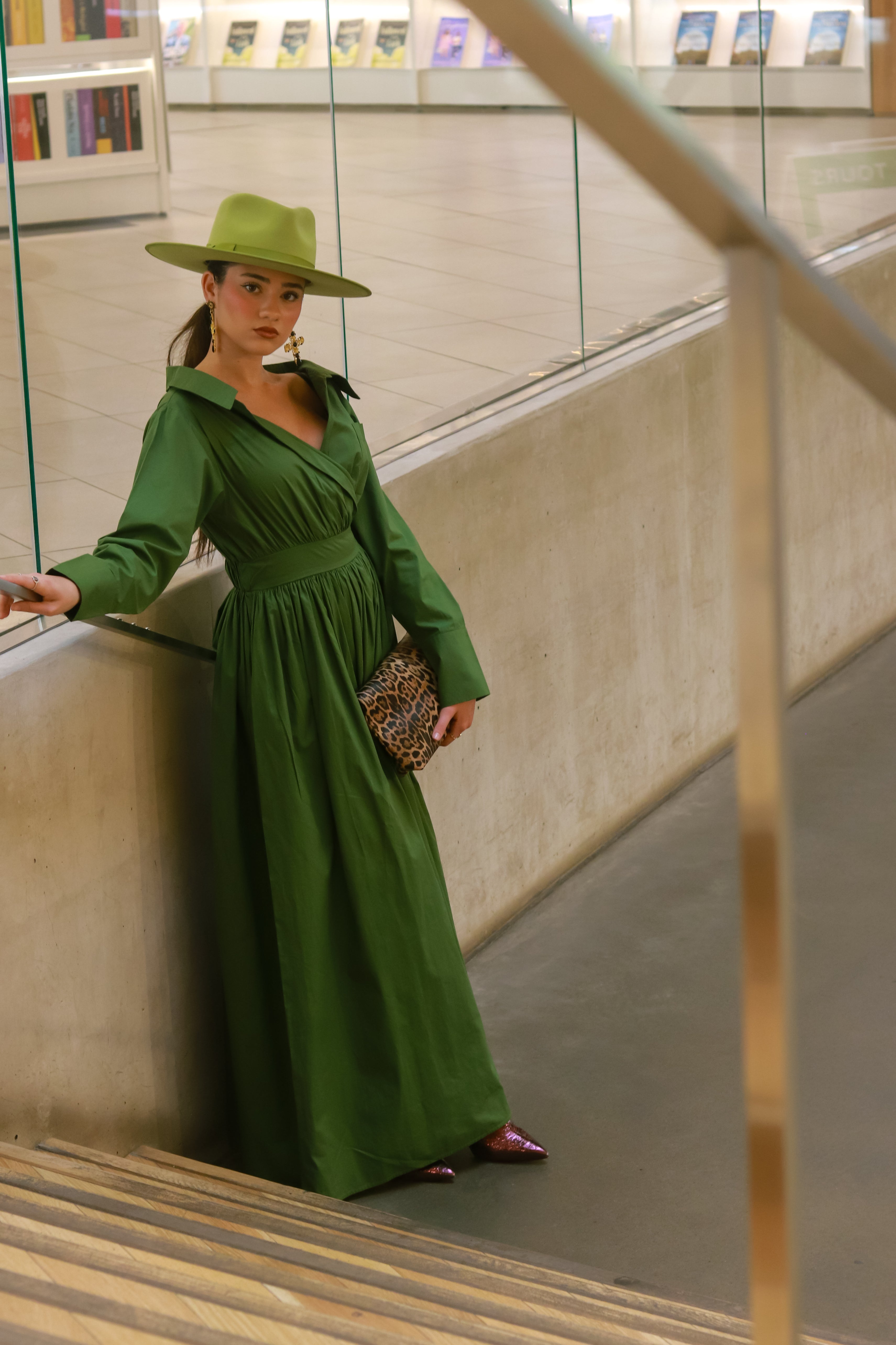 Ada Off Shoulder Cotton Maxi Length Shirt Dress- Green