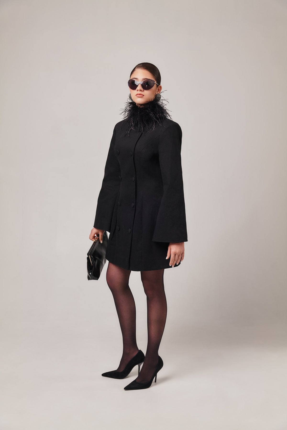 Toni Mini Denim Flared Sleeve Dress In Black