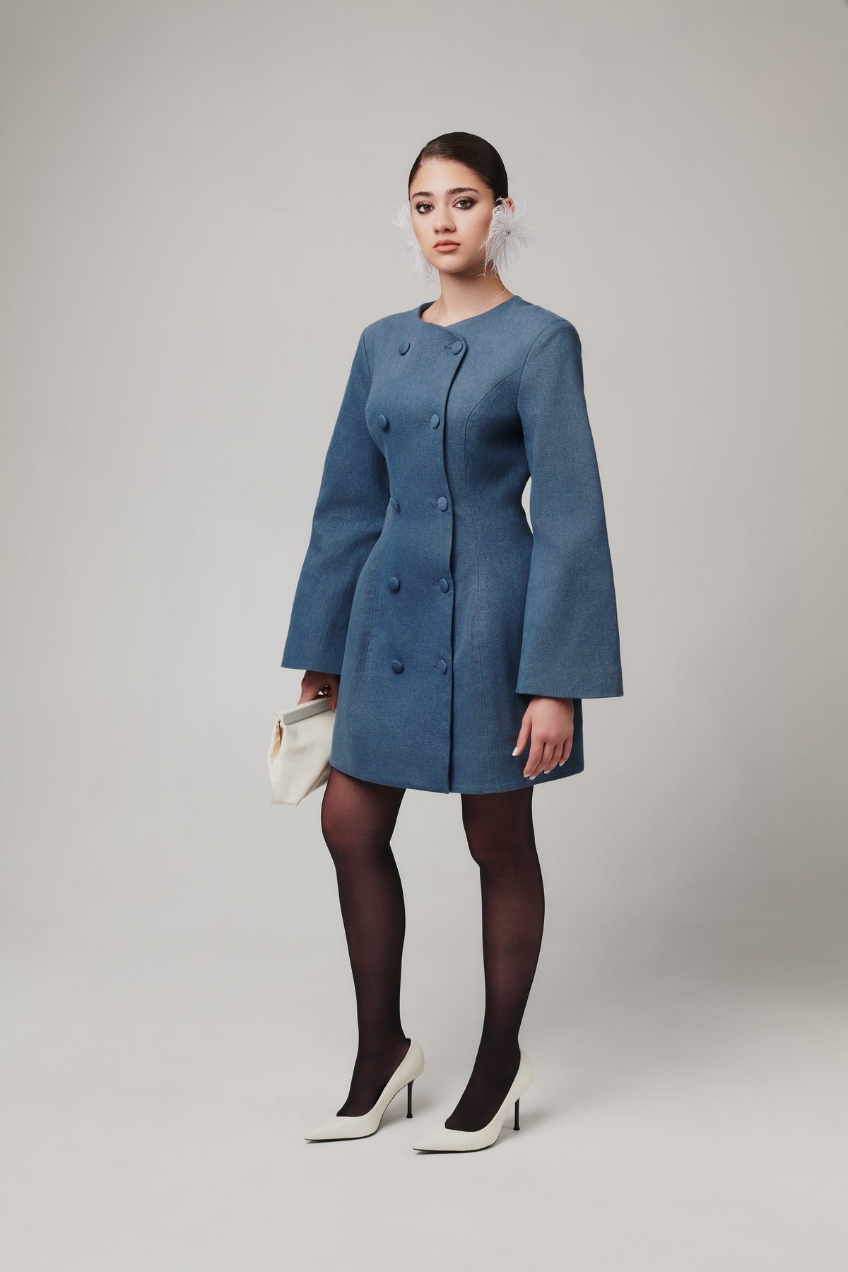 Toni Mini Denim Flared Sleeve Dress In Blue