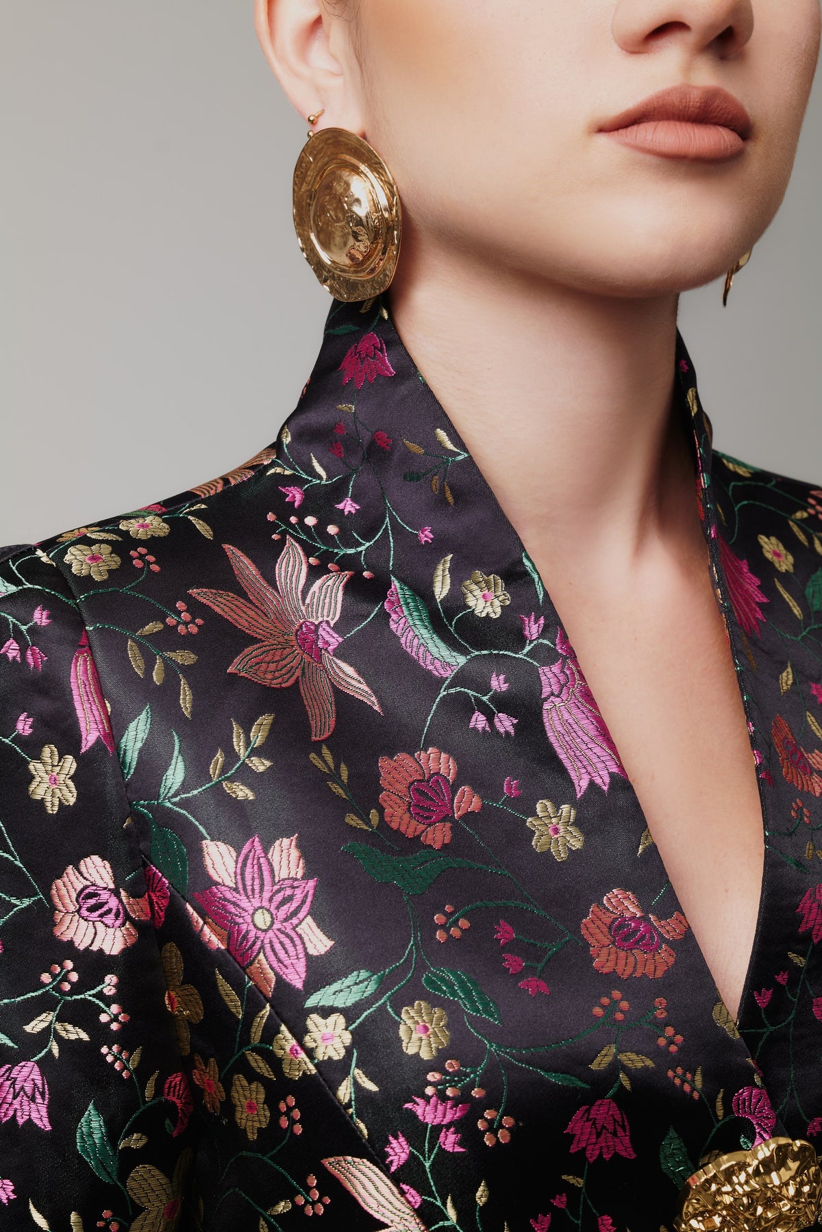 Stella Jacquard Floral Cinched Blazer With Statement Gold Buttons