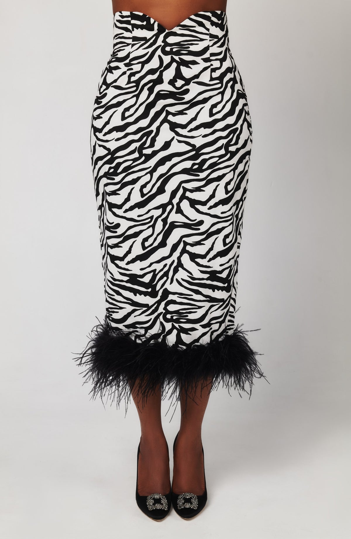 Oge Denim Zebra Pencil Skirt with Ostrich Feather Hem