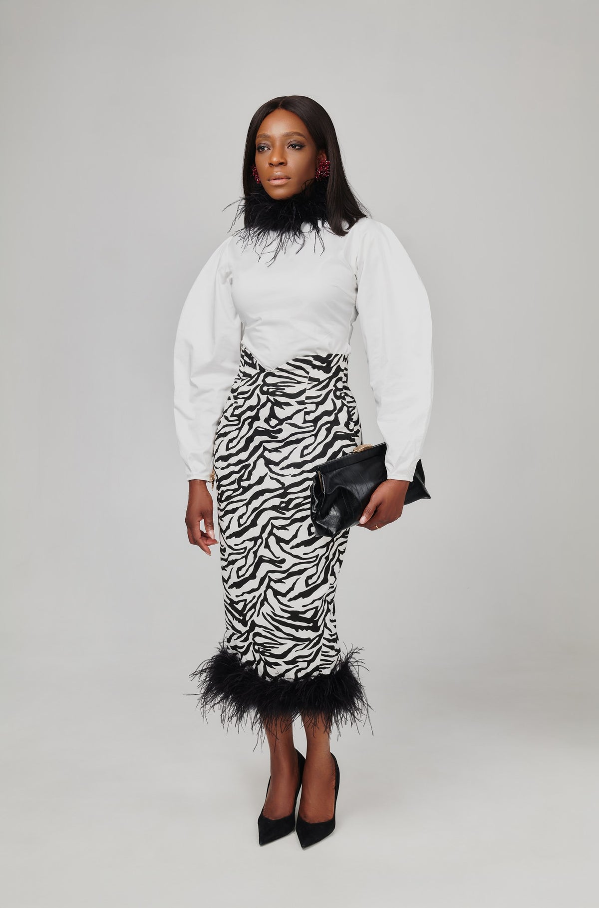 Oge Denim Zebra Pencil Skirt with Ostrich Feather Hem