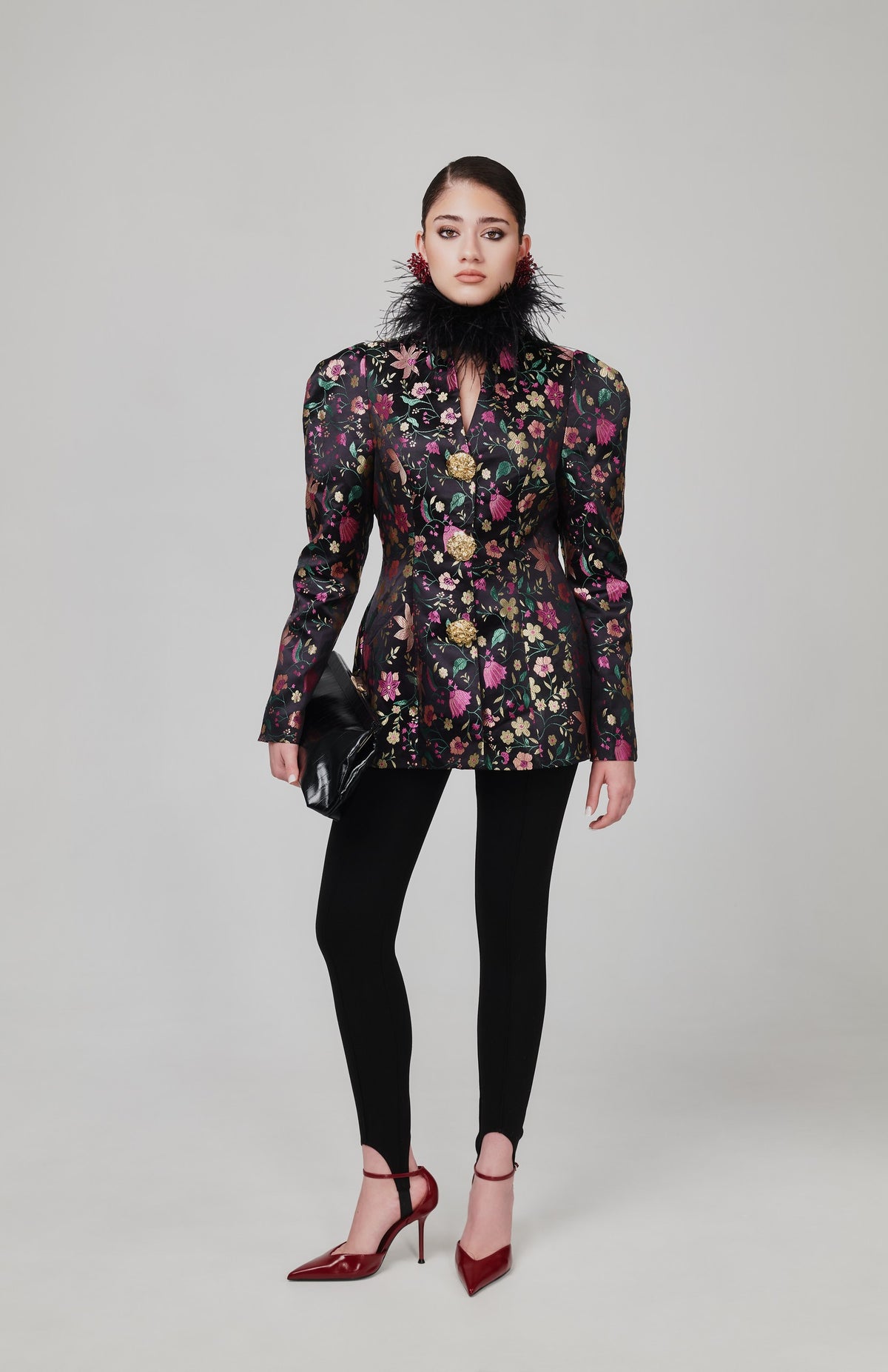 Stella Jacquard Floral Cinched Blazer With Statement Gold Buttons