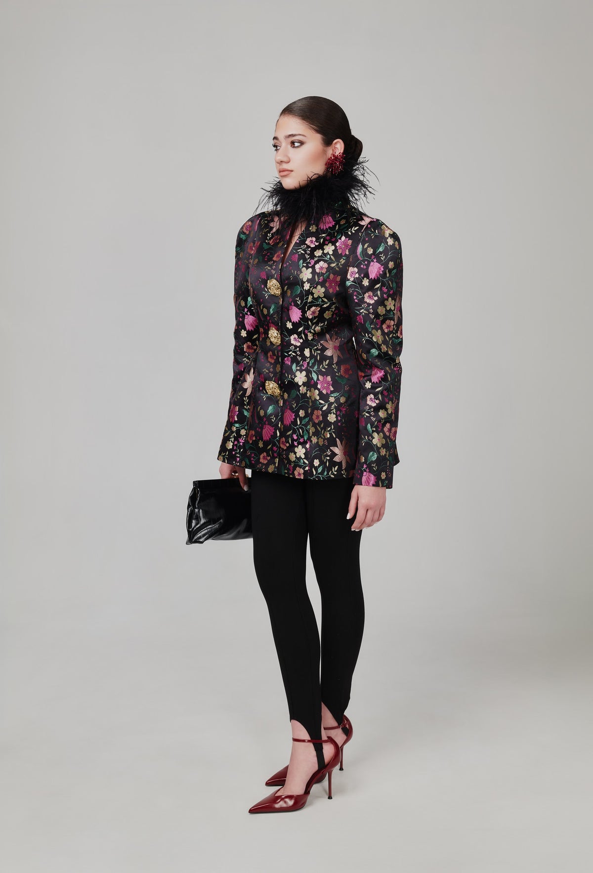 Stella Jacquard Floral Cinched Blazer With Statement Gold Buttons