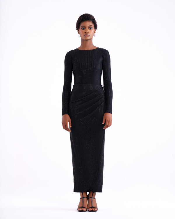 Gina Crystal Embellished Draped Skirt - Black