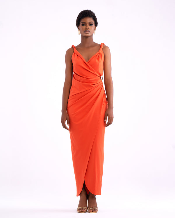 Amara Draped Dress In Orange.