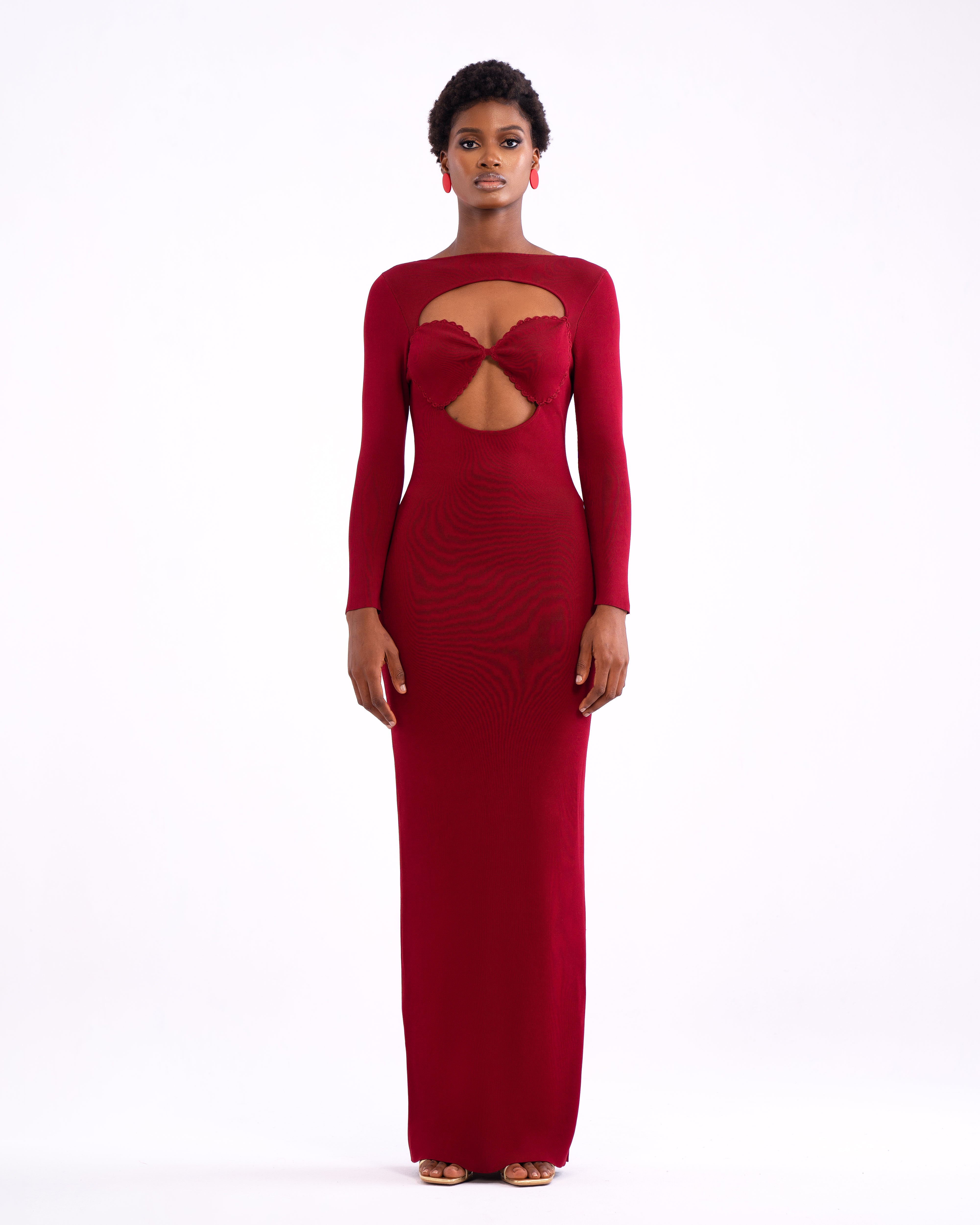 Zoe Knit Crochet Cup Maxi Dress In Burgundy
