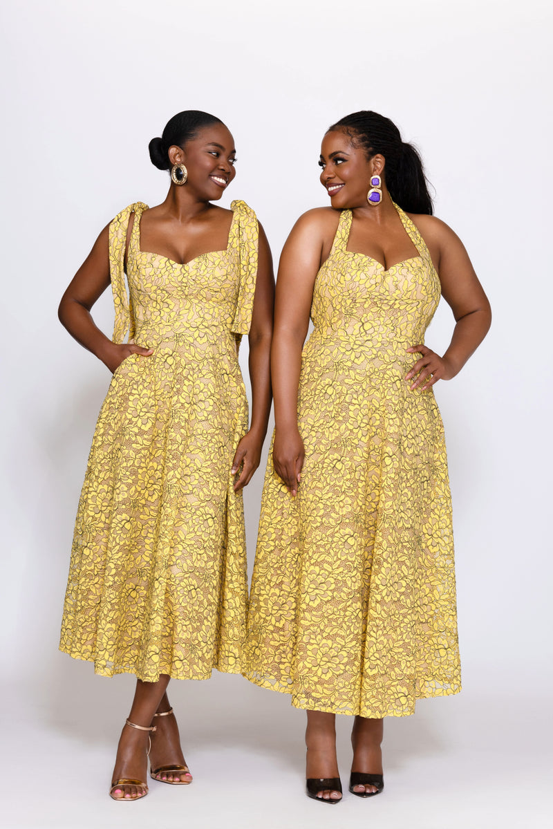 Ashley Lace Tie Midi Dress-Mustard