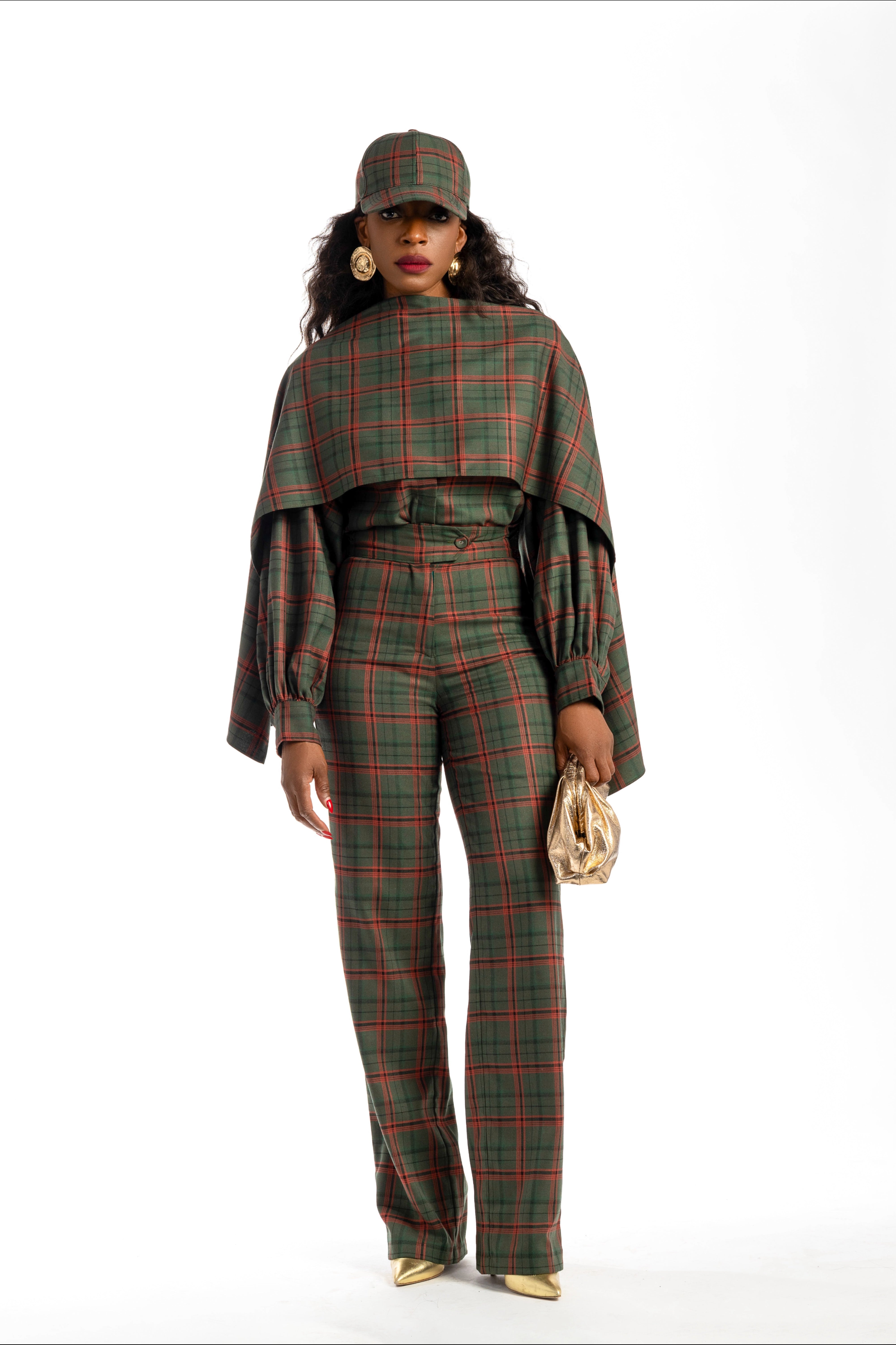 Taylor Plaid Button Down Blouse With Detachable Scarf & Hat