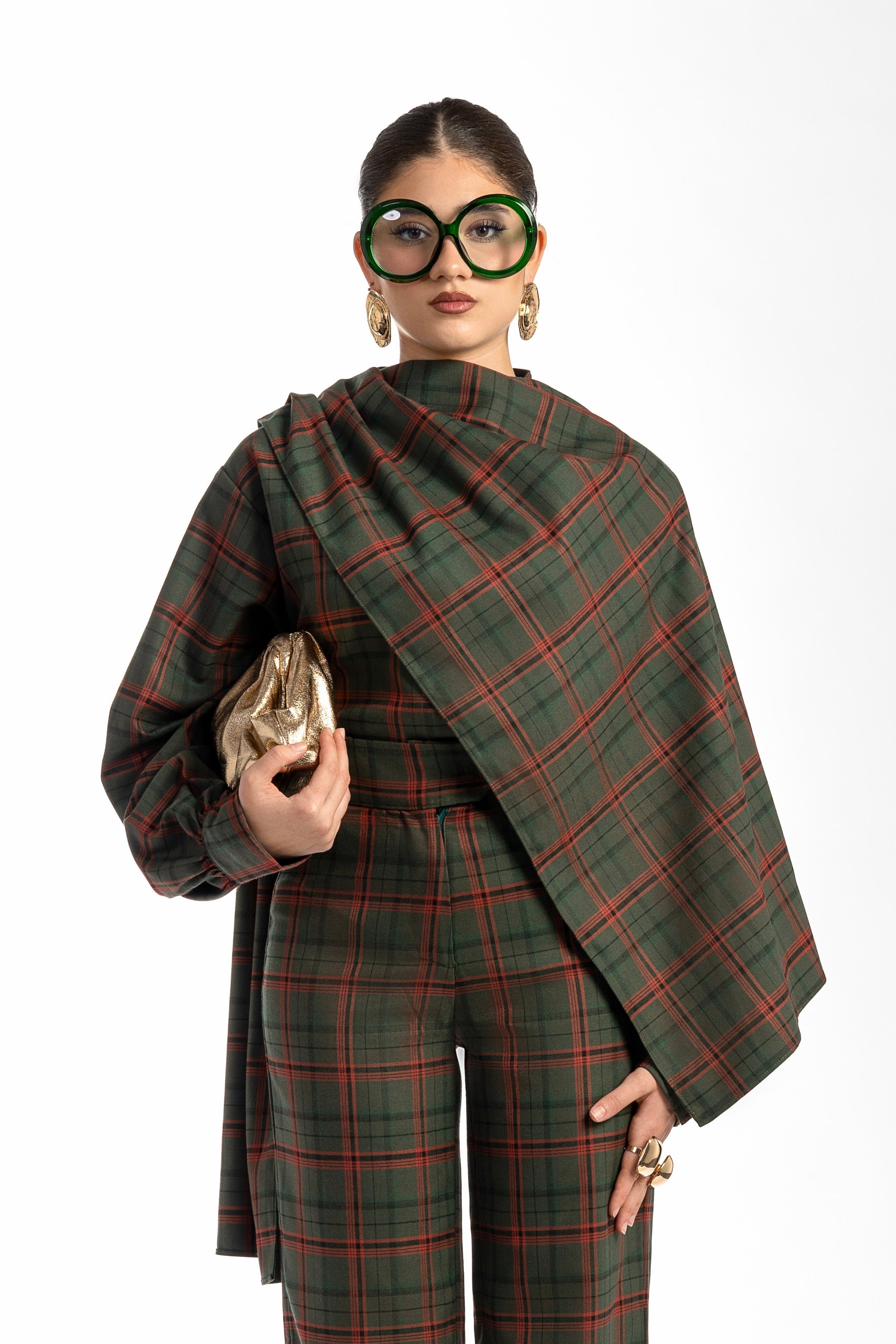 Taylor Plaid Button Down Blouse With Detachable Scarf & Hat