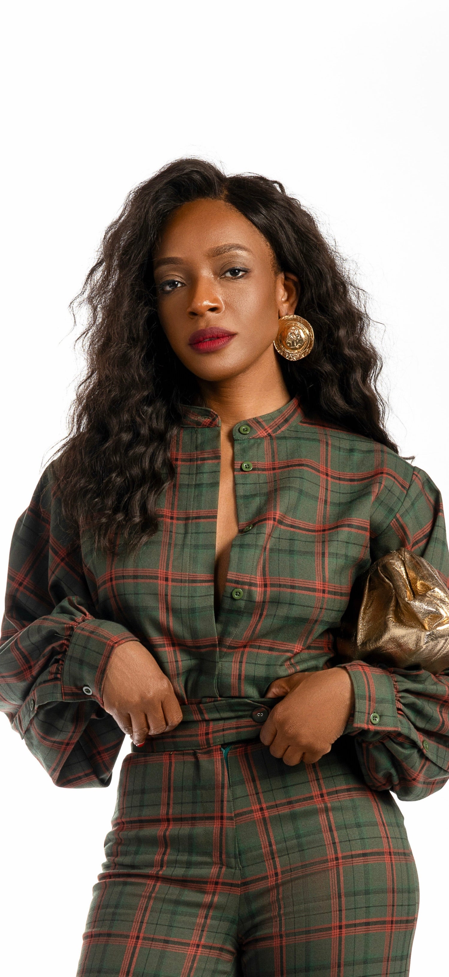 Taylor Plaid Button Down Blouse With Detachable Scarf & Hat