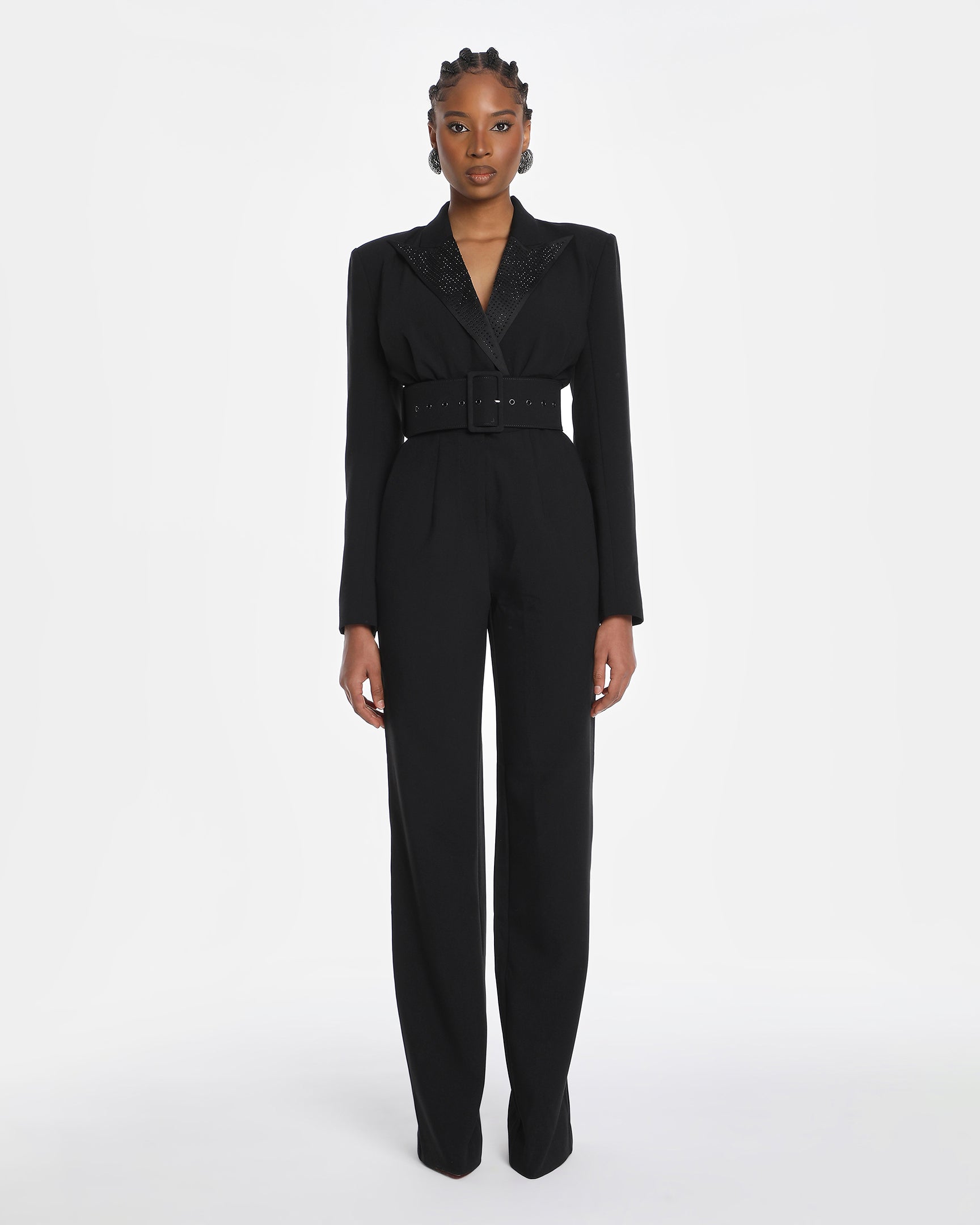 Amaal Rhinestone Collar  Crepe Belted Jumpsuit In Black