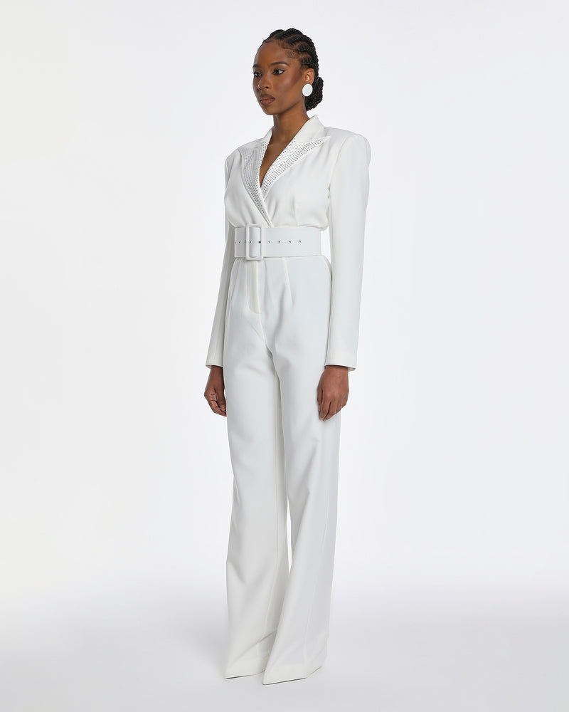 Amaal Crystal Collar Jumpsuit en blanc