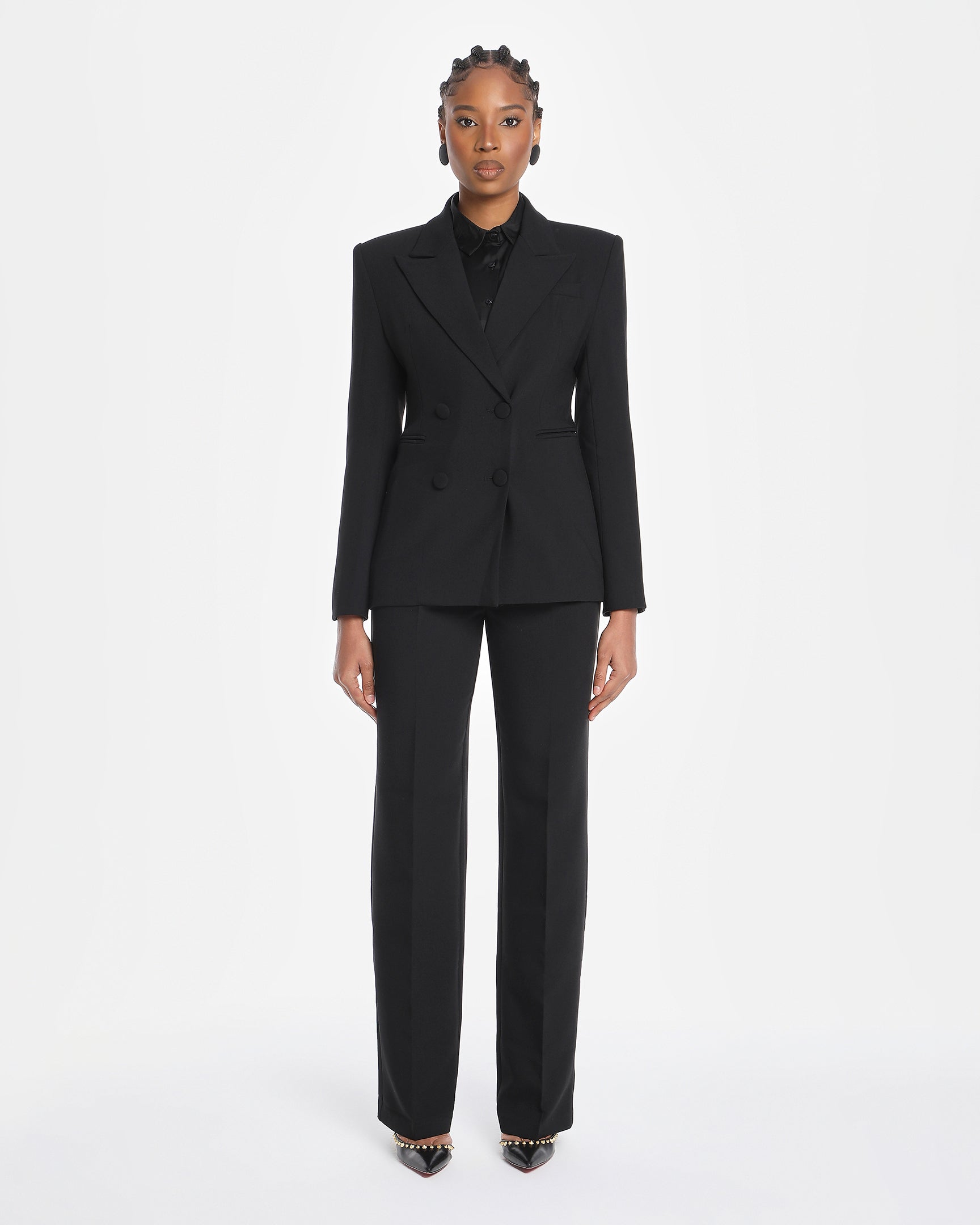 Chikito Crepe Double-Breasted Tailored Suit In Black (Blazer & Pants)